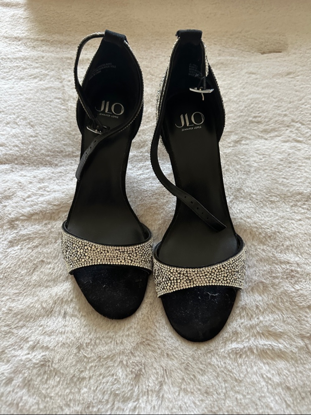 Jennifer Lopez Black Ankle-Strap Heels with Rhinestone Toe Band